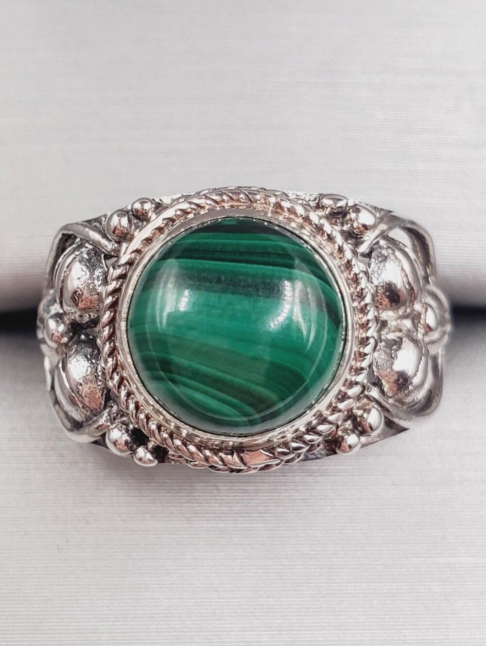 3.5 Carat Green African Malachite 925 Sterling Silver Statement Artisan Ring